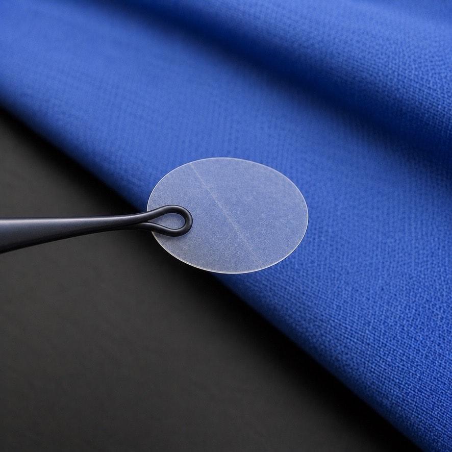 Eclipse amniotic membrane disc held by forceps on dark surgical drape